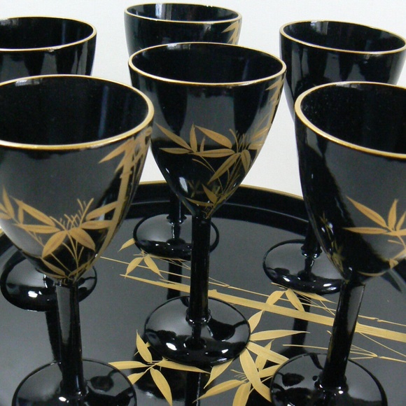 VTG black lacquer Bamboo design gold on black lacquer set of 6 goblets tray Box - Picture 6 of 12